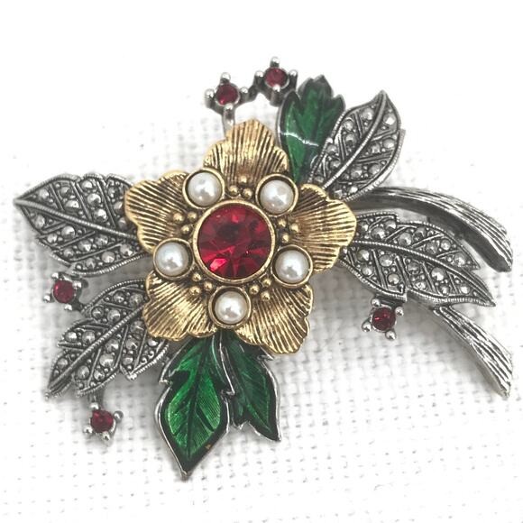 Gorgeous silver Avon Faux Pearl Rhinestone Enamel Floral Brooch Pin HOLIDAY - Picture 2 of 4